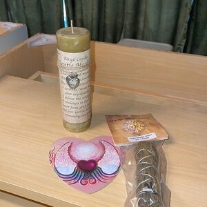 Beautiful & calming Gentle Healing Pilar Candle & Smudge stick Set w/Affirmation